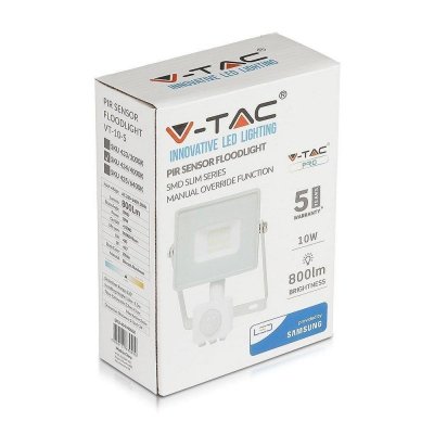 Naświetlacz LED V-TAC 10W SAMSUNG CHIP czujnik ruchu funkcja cut-OFF biały VT-10-S-W 6400K 800lm 5 lat gwarancji