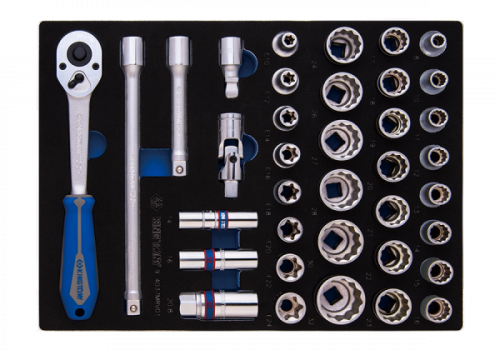 ZESTAW NASADEK 1/2&quot; 37cz. KRÓTKIE 12-kąt. 8 - 32mm Z AKCESORIAMI, WKŁAD Z PIANKI EVA DO WÓZKA King Tony