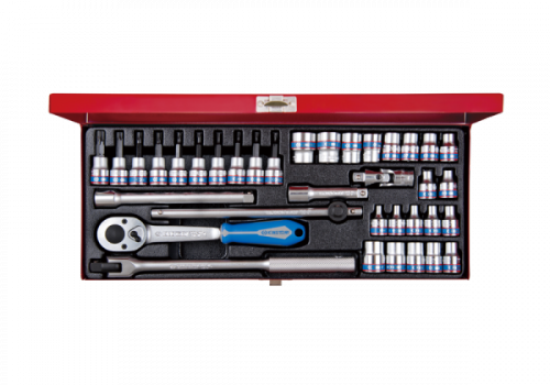 ZESTAW NARZĘDZI 3/8&quot; 34cz. NASADKI KRÓTKIE 12-kąt. 6 - 19mm, E4 - E18, T8 - T40 Z GRZECHOTKĄ I AKCESORIAMI, KASETA King Ton