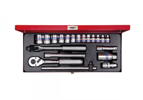 ZESTAW NASADEK 3/8&quot; 20cz. KRÓTKIE 6-kąt. 6 - 22mm Z GRZECHOTKĄ I AKCESORIAMI, KASETA King Tony