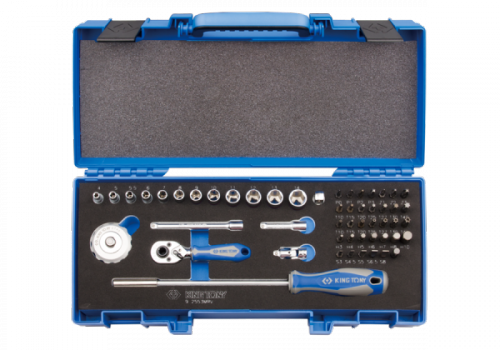 ZESTAW NARZĘDZI 1/4&quot; 53cz. NASADKI KRÓTKIE, 6-kąt. 4 - 14mm, HEX, TORX, PH, PZ, PŁASKIE, Z GRZECHOTKĄ I AKCESORIAMI, WALIZK