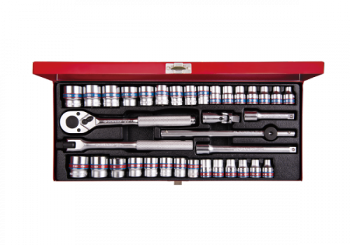 ZESTAW NASADEK 3/8&quot; CALOWE I METRYCZNE 36cz. KRÓTKIE, 12-kąt. 6 - 22mm, 1/4 - 13/16&quot; Z GRZECHOTKĄ I AKCESORIAMI, KASET