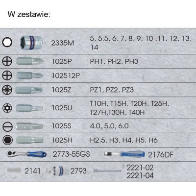 ZESTAW NARZĘDZI 1/4&quot; 39cz. NASADKI KRÓTKIE, 6-kąt. 5 - 14mm + BITY, Z GRZECHOTKĄ I AKCESORIAMI King Tony