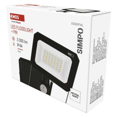 Naświetlacz LED SIMPO 30W, z czujn. PIR, czarny, neutralna biel
