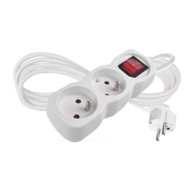Przedłużacz 2 m / 2 gniazda / z wyłącznikiem / biały / PVC / 1 mm2
