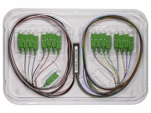 Splitter optyczny PLC tube (metal) 1x16 symetryczny  SM G.657A1 SC/APC 0,9mm 1m