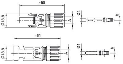 Komplet gniazdo-wtyk MC4 // Multi-Contact PV-KBT 4/6I-UR (+) oraz PV-KST4/6I-UR (-) / zakres średnic zewnętrznych kabla 5,5-7,4m