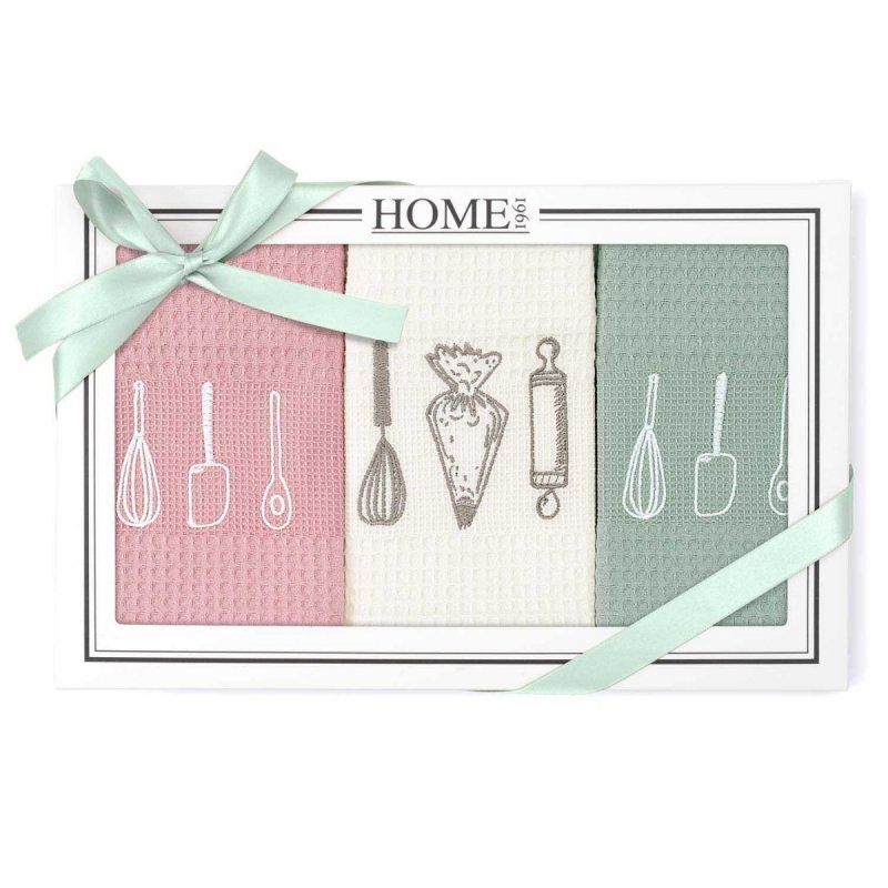 Komplet 3 ręczników kuchennych 50X70 cm HOME 1961 wz. 1 róż / krem / zieleń