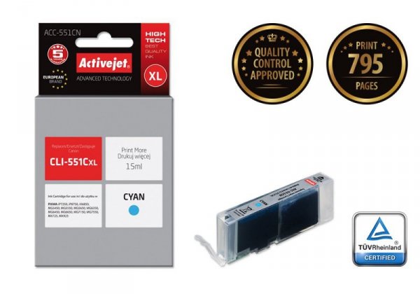 Tusz Activejet ACC-551CN (zamiennik Canon CLI-551C; Supreme; 15 ml; niebieski)