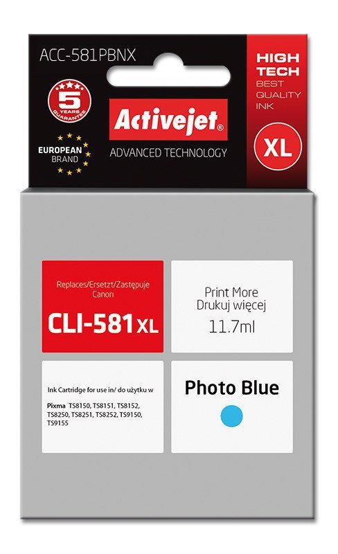 Activejet ACC-581PBNX Tusz (zamiennik do drukarki Canon CLI-581PB XL; Supreme; 11,70 ml; Foto niebieski)
