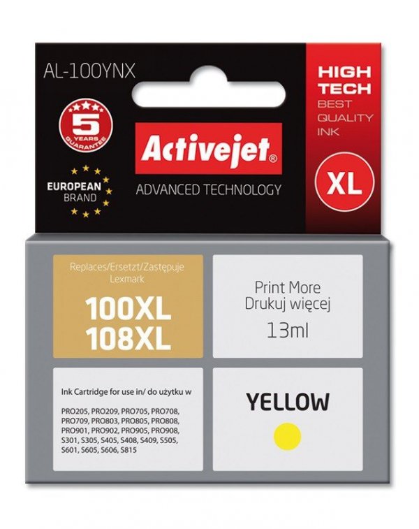 Tusz Activejet AL-100YNX (zamiennik Lexmark 100XL/108XL 14N1071E; Supreme; 13 ml; żółty)