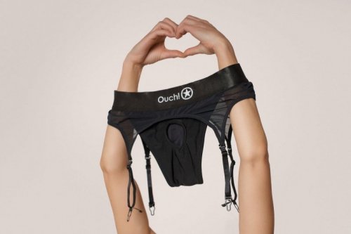 Vibrating Strap-on Thong with Adjustable Garters - XL/XXL