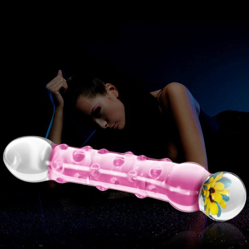 Szklane dildo z wypustkami zakrzywione różowe 17 cm