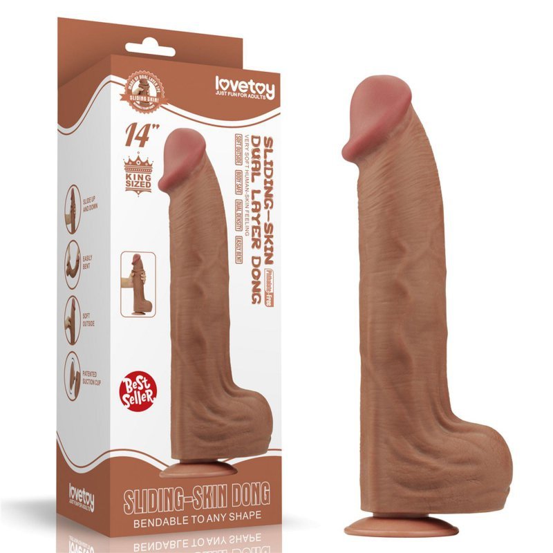 Dildo King size z ruchomą skórą Dual Layer Dong Brown 35cm
