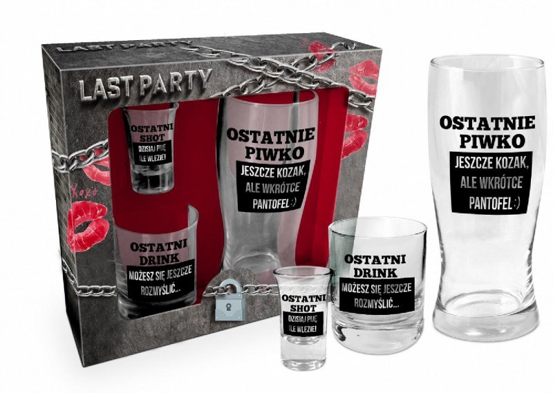 Niezbędnik kawalerski zestaw: szklanka do piwa 400ml, szklanka do whisky 270ml, kieliszek do wódki 35ml (czarny)