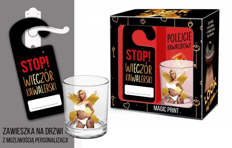 Zestaw szklanka whisky z zawieszką na drzwi - Stop!wieczór kawalerski