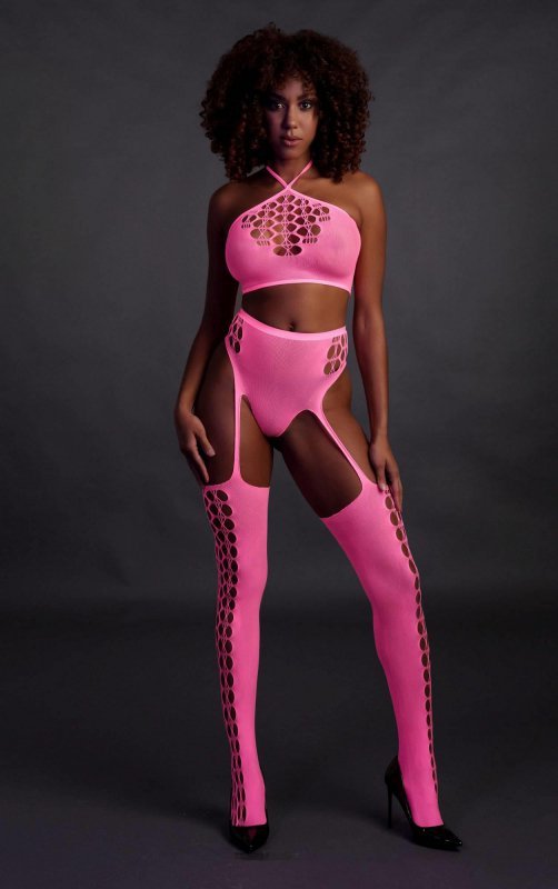 Two piece with crop top and stockings - pink - XS/XL