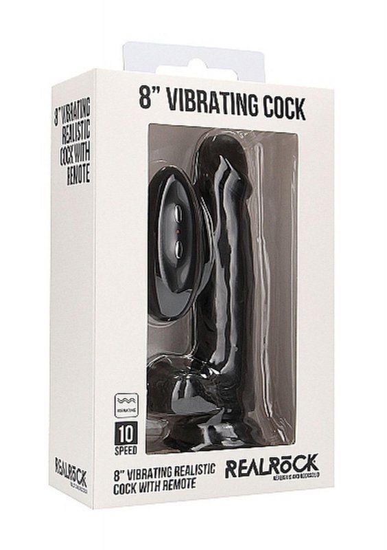 Vibrating realistic cock - 8&quot; - with scrotum - black
