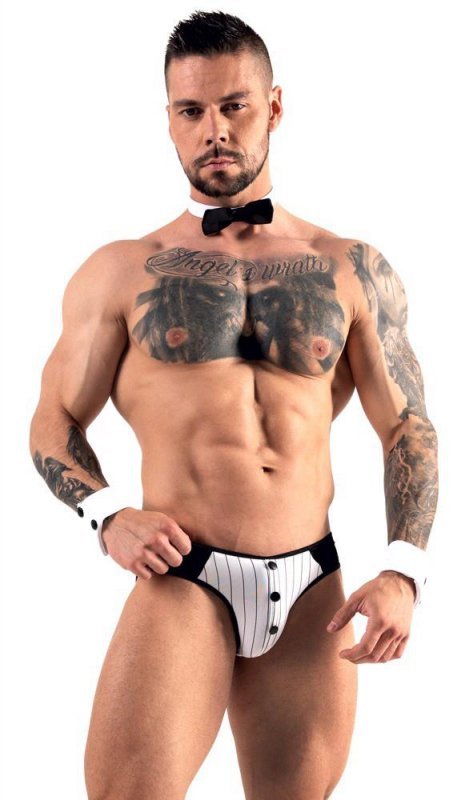 Męskie jockstrapy majtki odkryte pośladki + mankiety kelner Men's jock briefs M