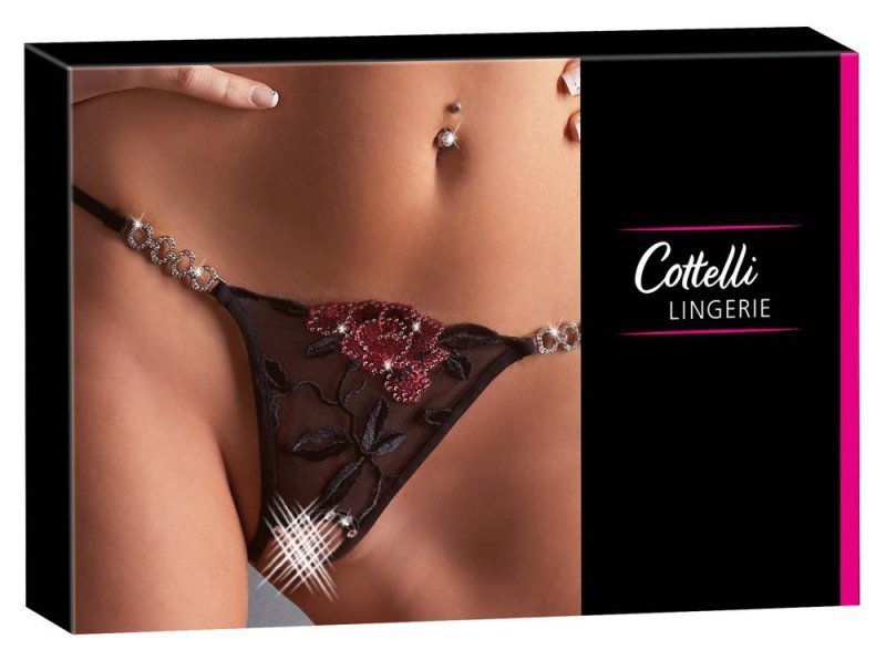 Czarne stringi z dziurką kwiatem cyrkonie Cottelli M/L