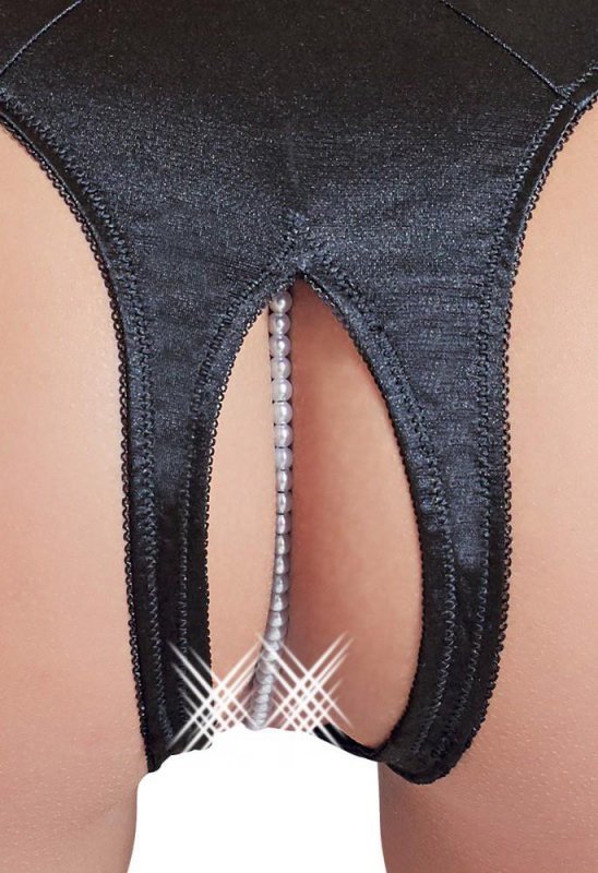 Czarne stringi z dziurką i perłami w kroczu Cottelli XL
