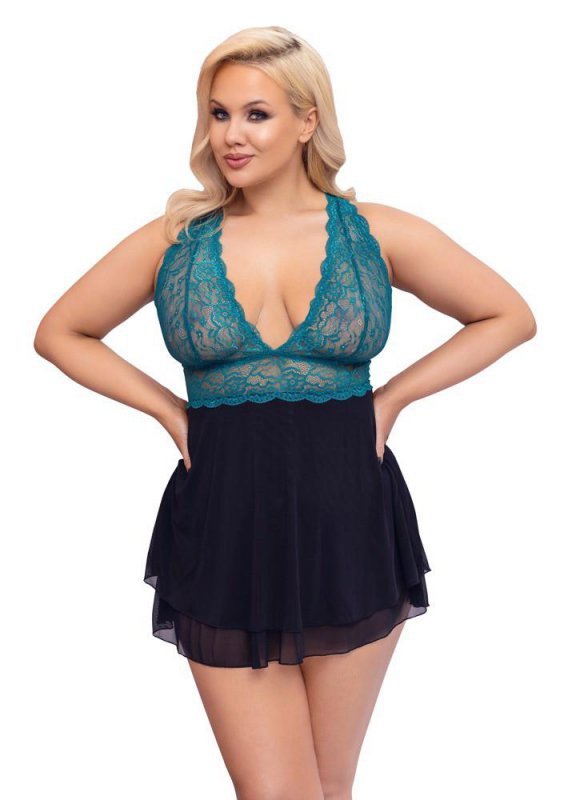 Błękitno - czarna koszulka babydoll Cottelli 3XL