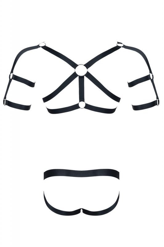 Męski komplet z gumy: t-shirt z ozdobami z tyłu i przodu, figi z otwartym tyłem S/M