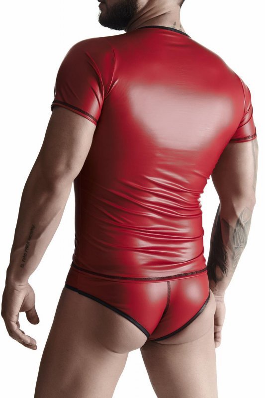 Męski  komplet z wetlooka: t-shirt w serek, figi typu brazyliany XL
