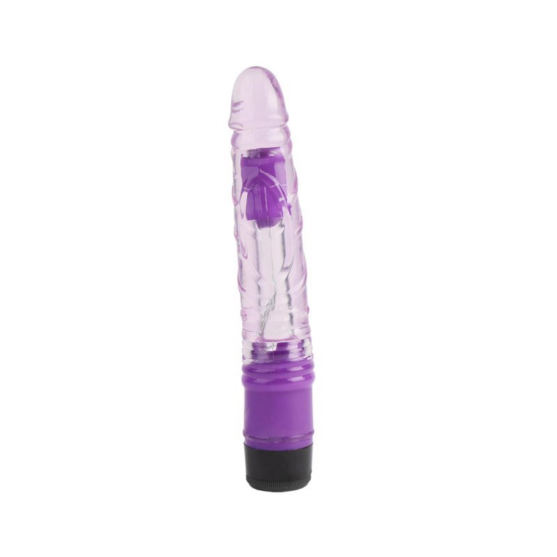Przezroczysty wibrator z żyłami i główką fioletowy 22cm
