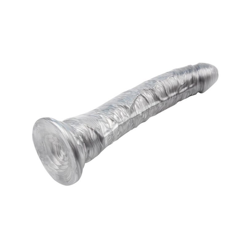 Srebrny dildo penis na mocnej przyssawce 21,5cm