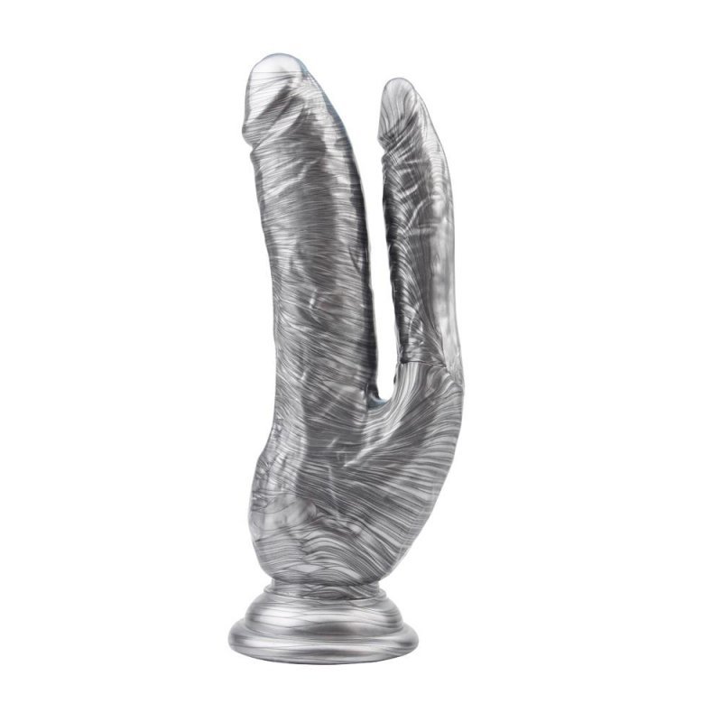 Realistyczne waginalno analne dildo z przyssawką srebrne