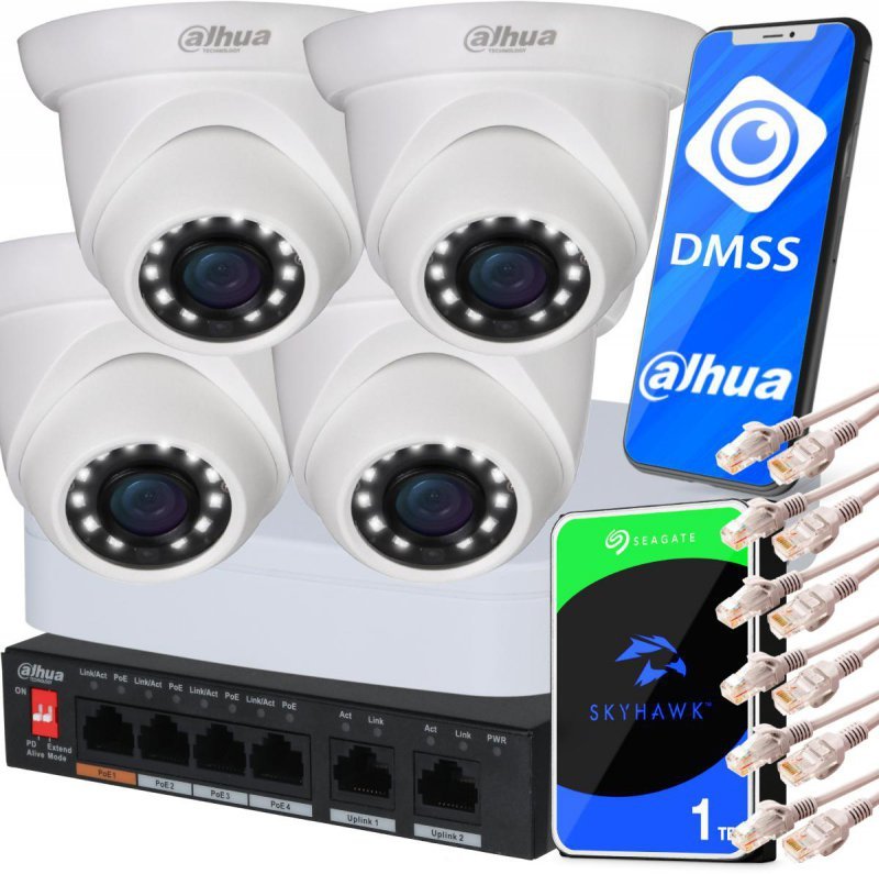 Zestaw monitoringu IP Dahua NVR 1TB 4 kamery kopułowe 4MPx