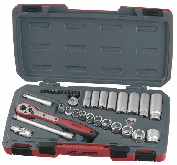35-elementowy zestaw narzędzi nasadowych calowych Z chwytem kwadratowym 3/8&quot; Teng Tools T3835AF