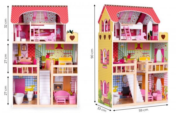 3-piętrowy duży drewniany domek dla lalek z mebelkami ECOTOYS