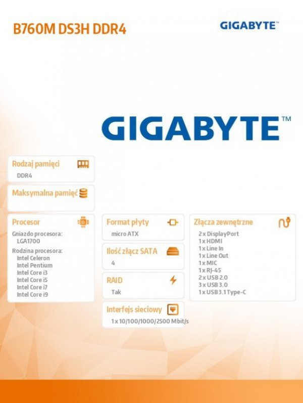 Płyta główna B760M DS3H DDR4 s1700 DDR4 2DP/HDMI mATX