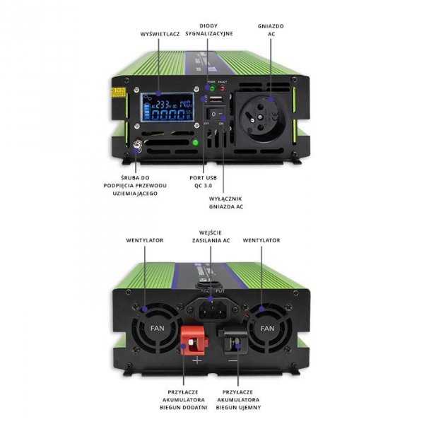 Przetwornica napięcia Monolith | ładowanie baterii | UPS | 1000W | 2000W | 12V na 230V | Czysty Sinus | LCD