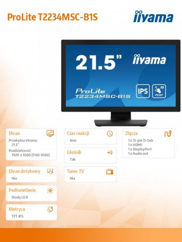 Monitor ProLite  21.5 cala T2234MSC-B1S IPS,10PKT.VGA,HDMI,DP