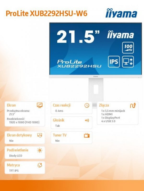 Monitor 21.5 cala ProLite XUB2292HSU-W6 IPS,100Hz,FreeSync,PIVOT,0.4ms,HDMI,  DP,4xUSB(3.2),2x2W,HAS(150mm), Biały