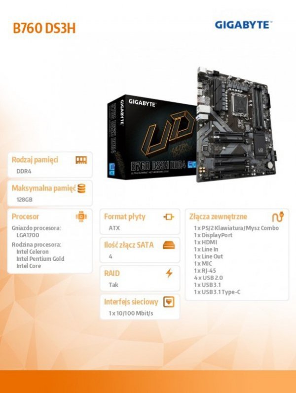 Płyta główna B760 DS3H s1700 4DDR5 DP/HDMI ATX