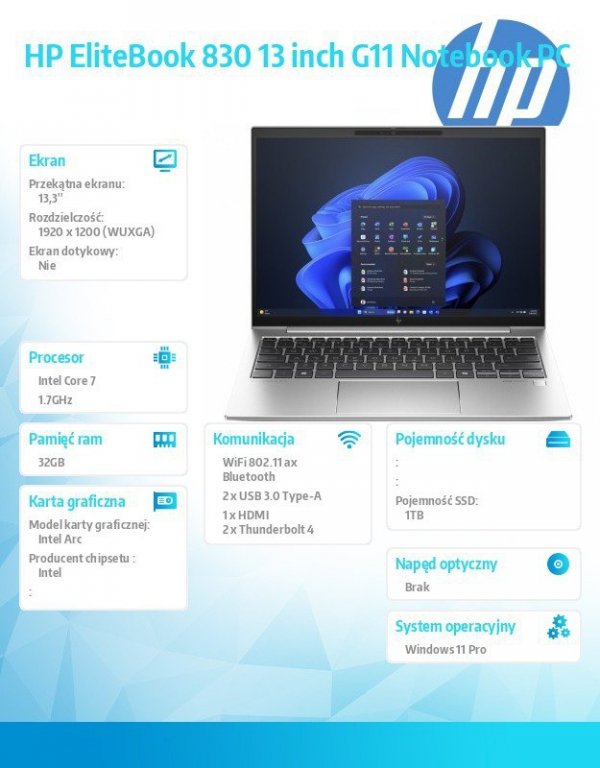 Notebook Elitebook 830 G11 U7-155U 1TB/32GB/W11P/13.3 9G0D6ET