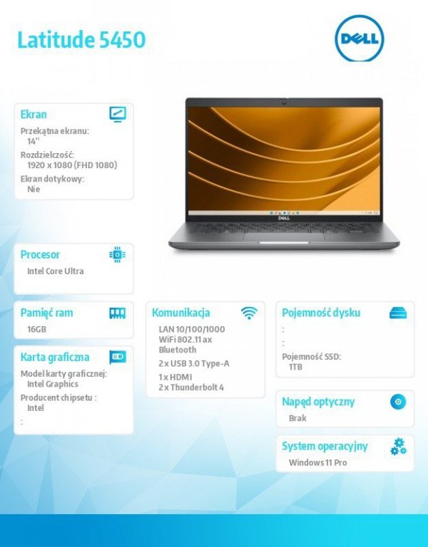 Notebook Latitude 5450 Win11Pro Ultra 7 165U/16GB/1TB SSD Gen4/14.0 FHD/Integrated/FgrPr&SmtCd/FHD/IR Cam/Mic/WWANReady4G+BT/Bac