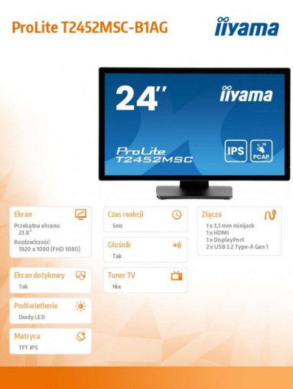 Monitor 24 cale T2452MSC-B1AG 10 PKT. POJ,IPS,HDMI,DP,2x1W,7H,2xUSB,  400cd/m2,AG-(Anti Glare)