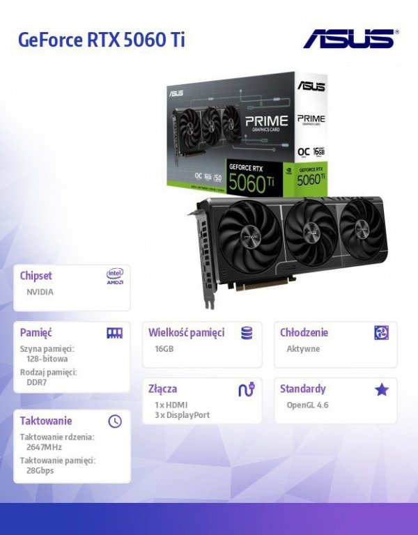 Karta graficzna GeForce RTX 5060 Ti Prime OC 16GB GDDR7 128BIT 3DP/HDMI