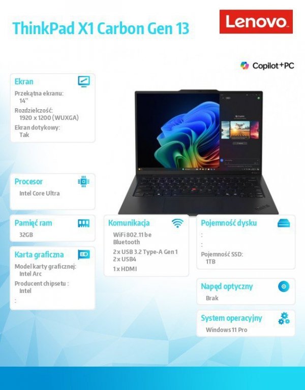 Ultrabook Thinkpad X1 Carbon G13 21NS004NPB W11Pro Ultra 7  258V/32GB/1TB/INT/14.0 WUXGA/Touch/Black/3YRS Premier Support + CO2 