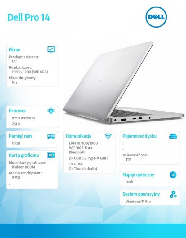 Laptop Dell Pro 14 PC14255/AMD Ryzen AI 7 PRO 350/16GB/1TB/14.0 FHD+/Radeon 860M/FgrPr/FHD/IR Cam/Mic/WLAN+BT/Backlit Kb/3 Cell/