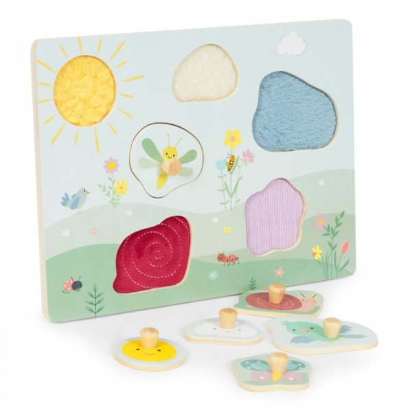 Drewniana tablica sensoryczna z różnymi rodzajami materiału ECOTOYS