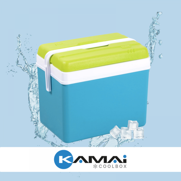 Lodówka turystyczna 35L KAMAI EDA na wkłady mrożące, turkusowa z białą rączką i zieloną pokrywą