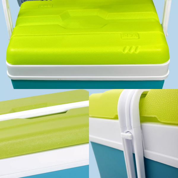 Lodówka turystyczna 35L KAMAI EDA na wkłady mrożące, turkusowa z białą rączką i zieloną pokrywą