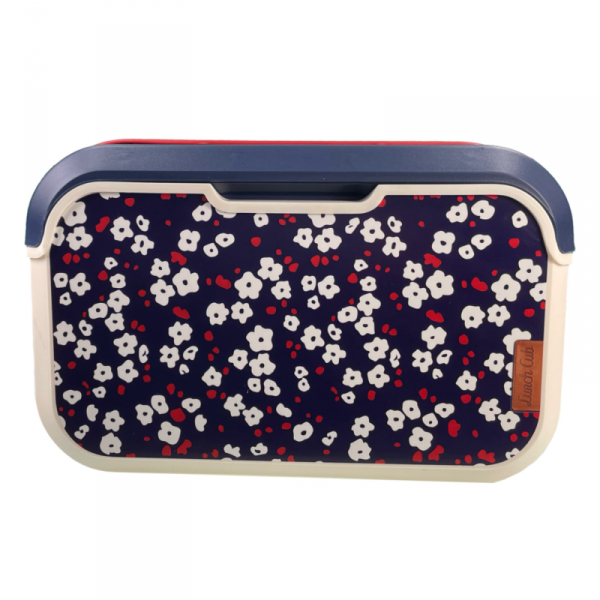 Mini lodówka turystyczna 5L KAMAI EDA wzór kwiat wiśni, lunchox na wkłady mrożące -  waniliowy korpus, czerwona rączka, błękitna