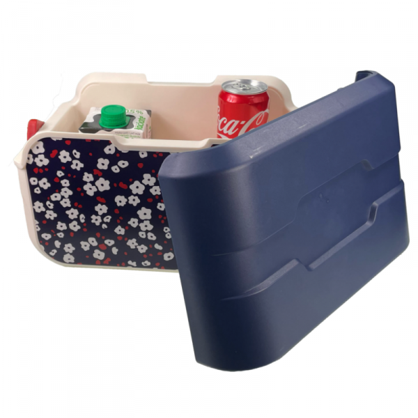 Mini lodówka turystyczna 5L KAMAI EDA wzór kwiat wiśni, lunchox na wkłady mrożące -  waniliowy korpus, czerwona rączka, błękitna